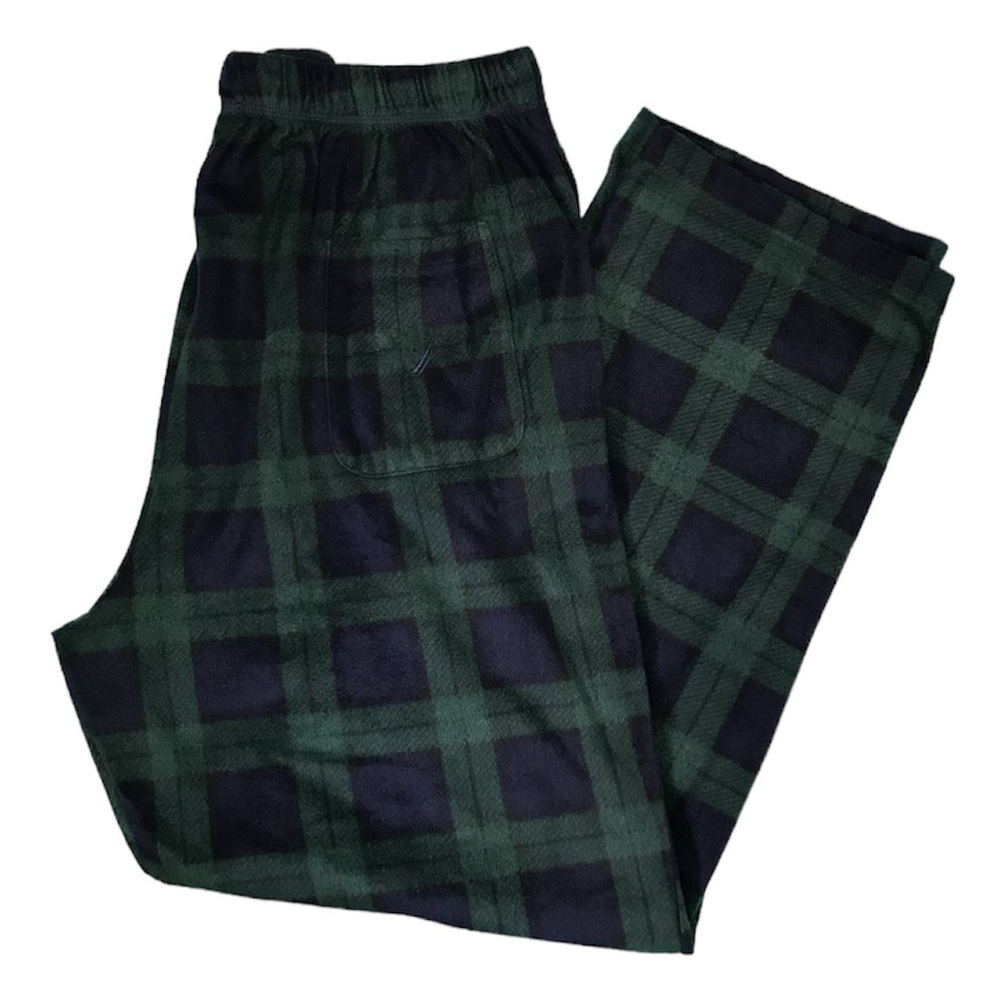 Nautica Men’s Sleep Pants Navy Blue Green Plaid 3 Pockets Tie Waist Size Large